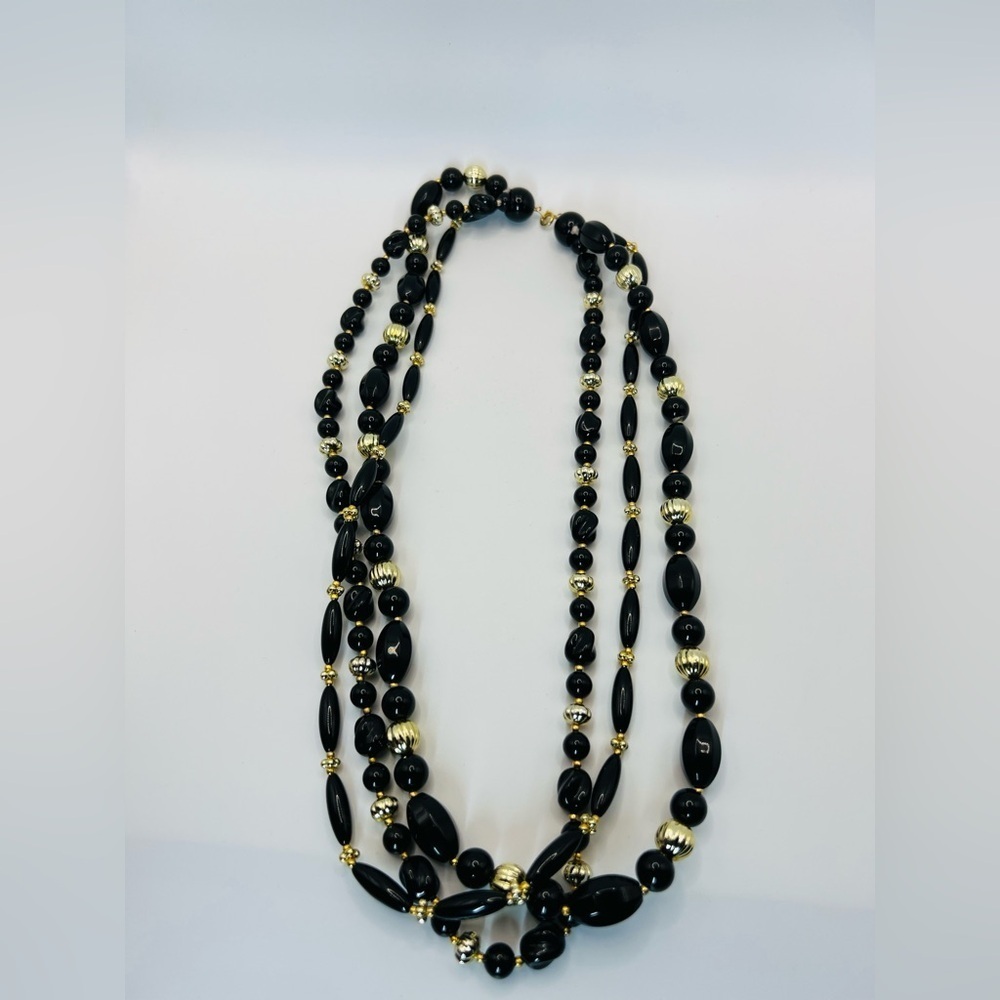 Vintage Black Beaded Multi-Strand Necklace with Gold Tone Accents